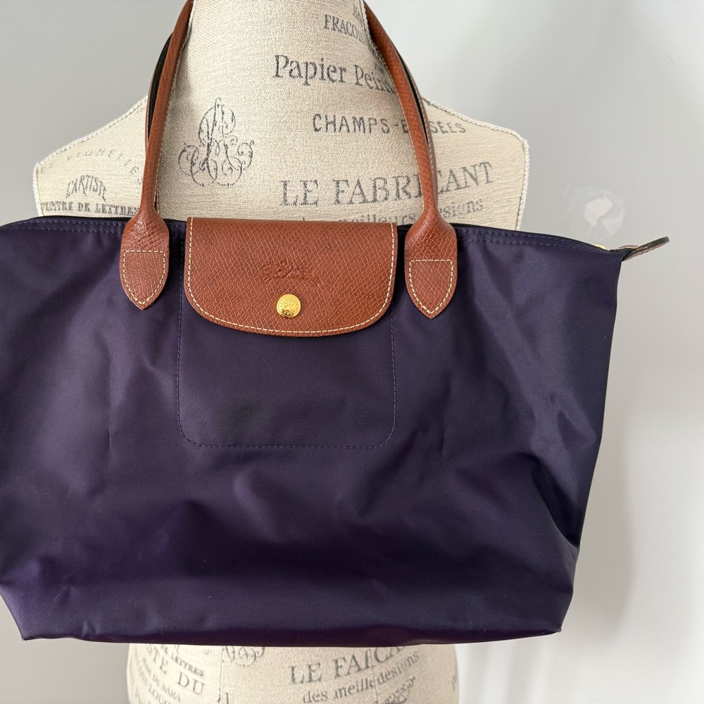 Longchamp Purple Tote with Brown Leather Trim